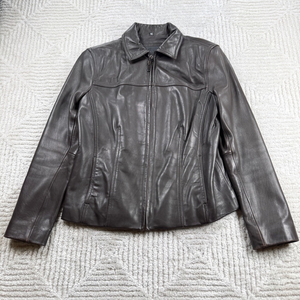 Avanti Leather Jacket Women's S Brown Zip Front Minimalist Moto Coat Y2K Goth